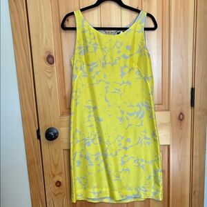 J Crew Yellow and Gray/Blue Silk Sleeveless Dress with Braided Belt
